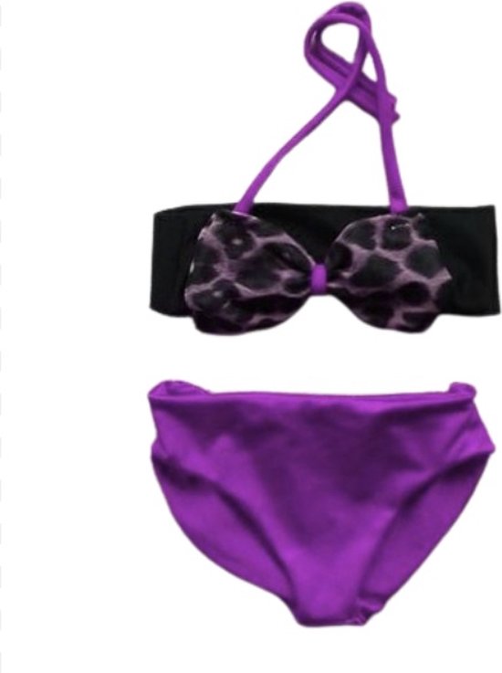 Maat 164 Bikini paars zwart panterprint strik badkleding baby en kind zwem kleding leopard tijgerprint
