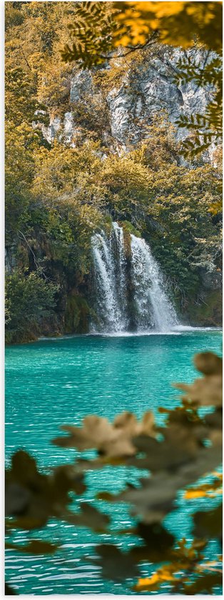 WallClassics - Poster Glanzend – Kleine Waterval in Meer met Takken - 20x60 cm Foto op Posterpapier met Glanzende Afwerking