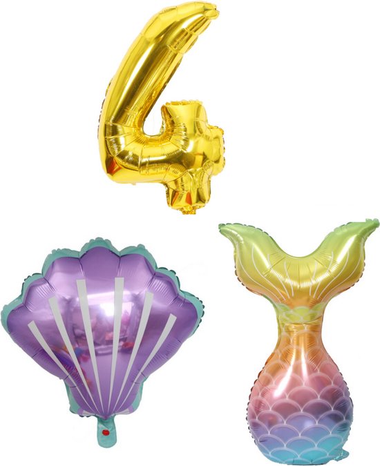 Zeemeermin - Feestversiering - Zeemeermin versiering - 4 jaar - Ballonnen - Cijferballonnen - Zeemeerminstraat - Schelp - Folieballon - Kleine Zeemeermin - Little Mermaid -  Ballonnen - Verjaardag decoratie - Verjaardag versiering - Ballonnen goud