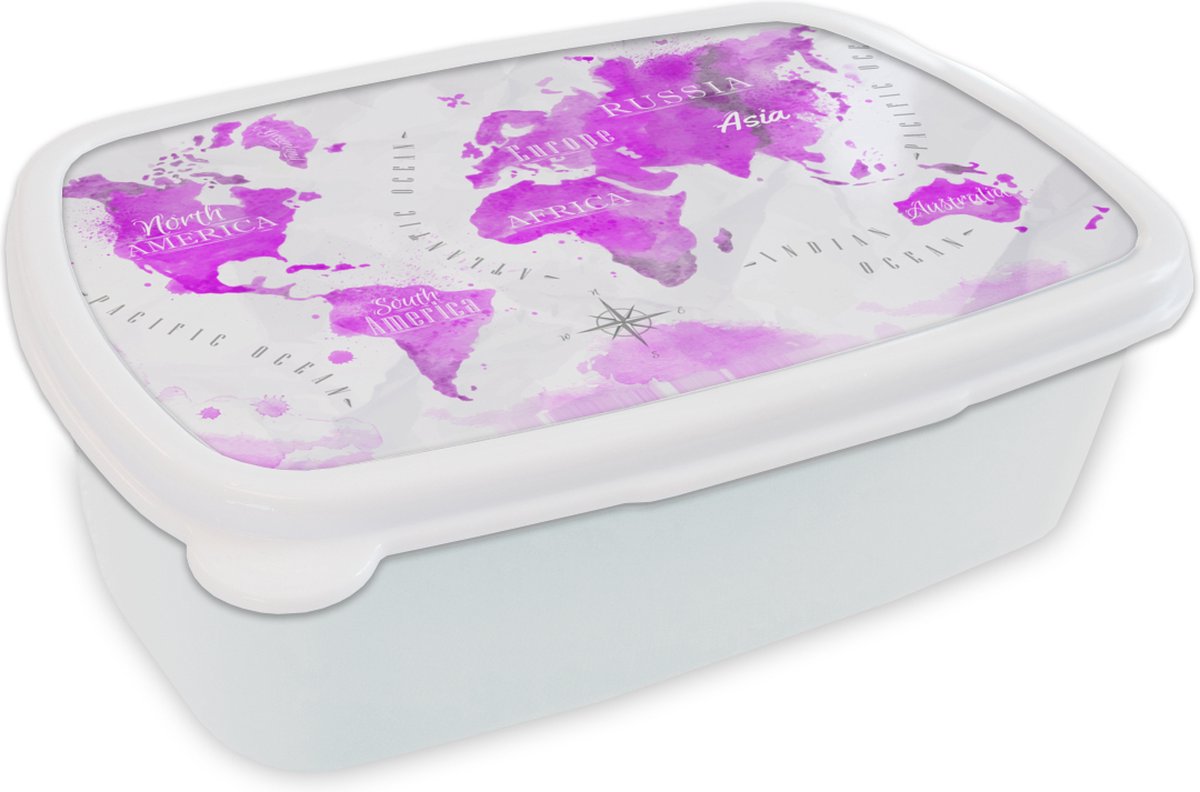 Broodtrommel Wit - Lunchbox - Brooddoos - Wereldkaart - Roze - Olieverf - 18x12x6 cm - Volwassenen