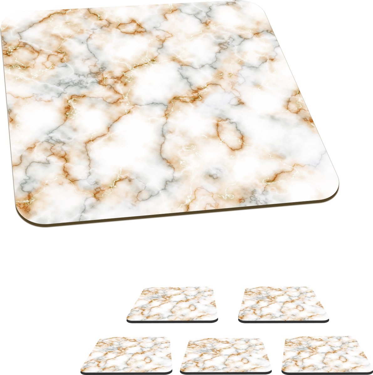 Onderzetters voor glazen - Marmer - Wit - Grijs - Goud - 10x10 cm - Glasonderzetters - 6 stuks