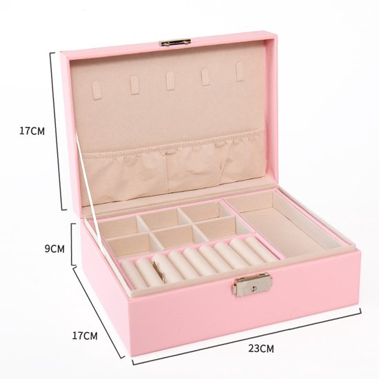 Roze juwelendoos geopend, met maten: 17cm breed, 9cm hoog, 23cm lang.