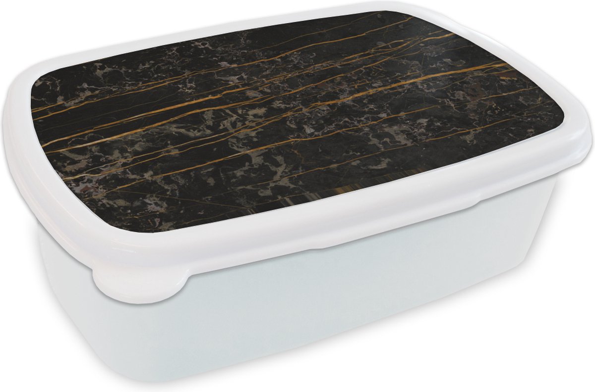 Broodtrommel Wit - Lunchbox - Brooddoos - Marmer - Zwart - Goud - Ader - 18x12x6 cm - Volwassenen