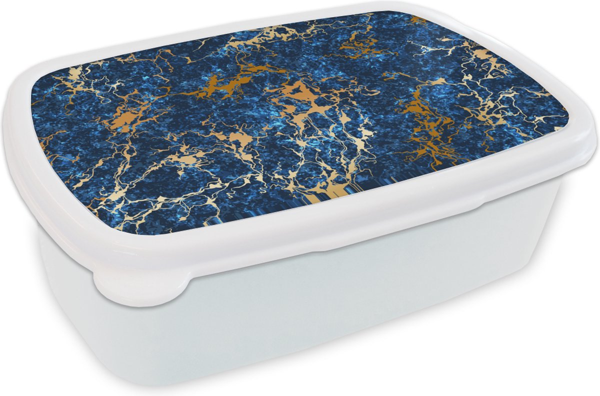 Broodtrommel Wit - Lunchbox - Brooddoos - Marmer - Textuur - Goud - Blauw - 18x12x6 cm - Volwassenen