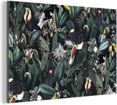 Wanddecoratie Metaal - Aluminium Schilderij Industrieel - Bloemen - Toekan - Bladeren - 150x100 cm - Dibond - Foto op aluminium - Industriële muurdecoratie - Voor de woonkamer/slaapkamer