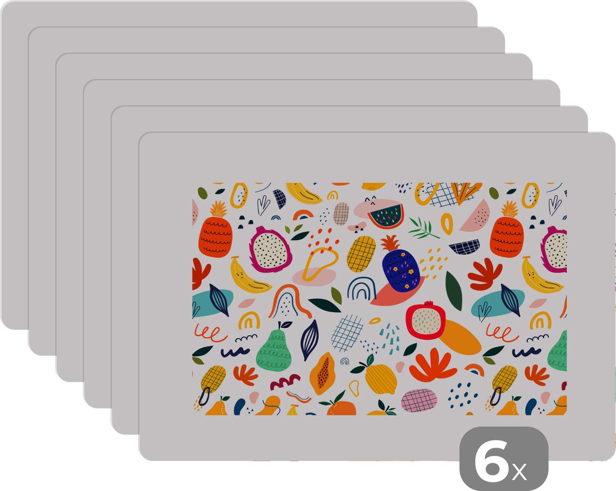 Placemat - Placemats kunststof - Fruit - Banaan - Peer - Abstract - Patroon - Ananas - 45x30 cm - 6 stuks - Hittebestendig - Anti-Slip - Onderlegger - Afneembaar