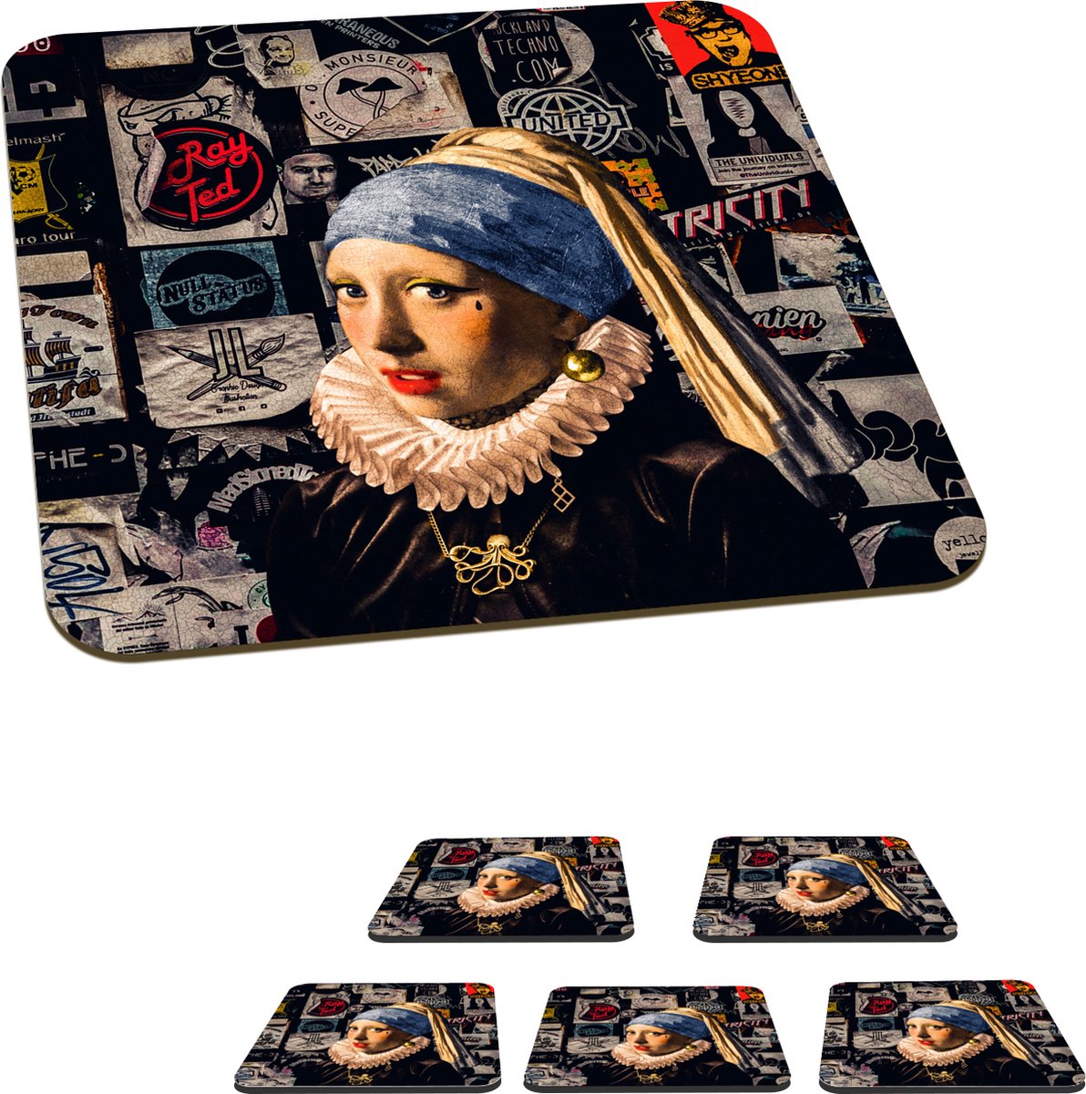 Onderzetters voor glazen - Meisje met de parel - Tattoo - Vermeer - 10x10 cm - Glasonderzetters - 6 stuks
