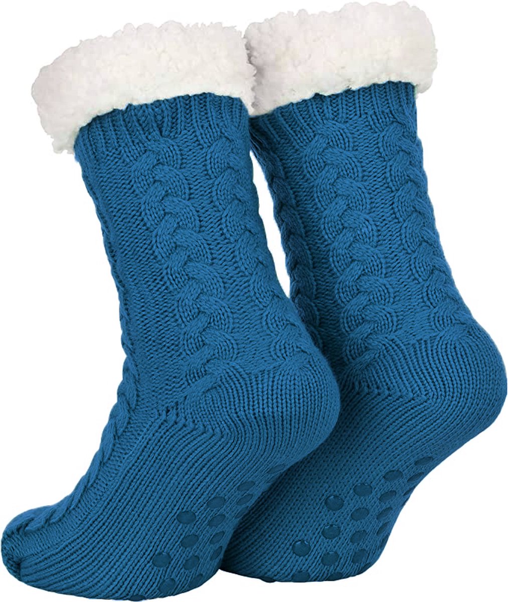 Huissokken Dames en Heren - Blauw - Anti Slip Sokken - One Size - Dikke - Winter - Fleece - Fluffy - Verwarmde - Slofsokken - Bedsokken - Gevoerde Sokken - Cadeau voor hem haar - Valentijn - Malinsi