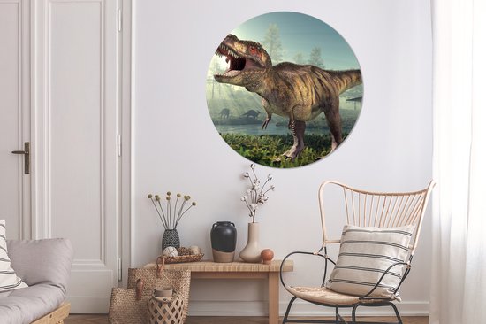 Wandcirkel kinderkamers - Wanddecoratie kind - Dino - Gras - Tekening - Kinderen - ⌀ 140 cm - Wanddecoratie jongens - Meisjes - Kunststof