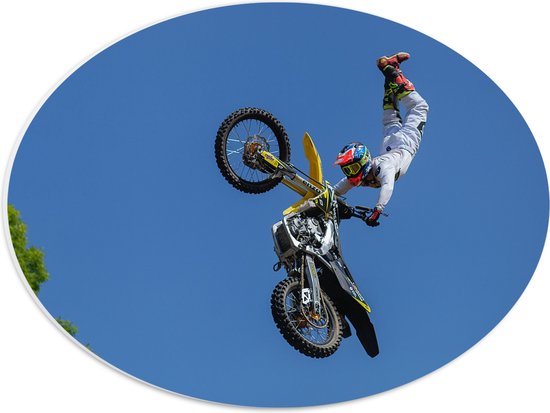 WallClassics - PVC Schuimplaat Ovaal - Stunt BMX'er in de Lucht - 40x30 cm Foto op Ovaal  (Met Ophangsysteem)