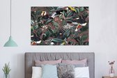 Wanddecoratie Metaal - Aluminium Schilderij Industrieel - Bloemen - Toekan - Bladeren - 150x100 cm - Dibond - Foto op aluminium - Industriële muurdecoratie - Voor de woonkamer/slaapkamer