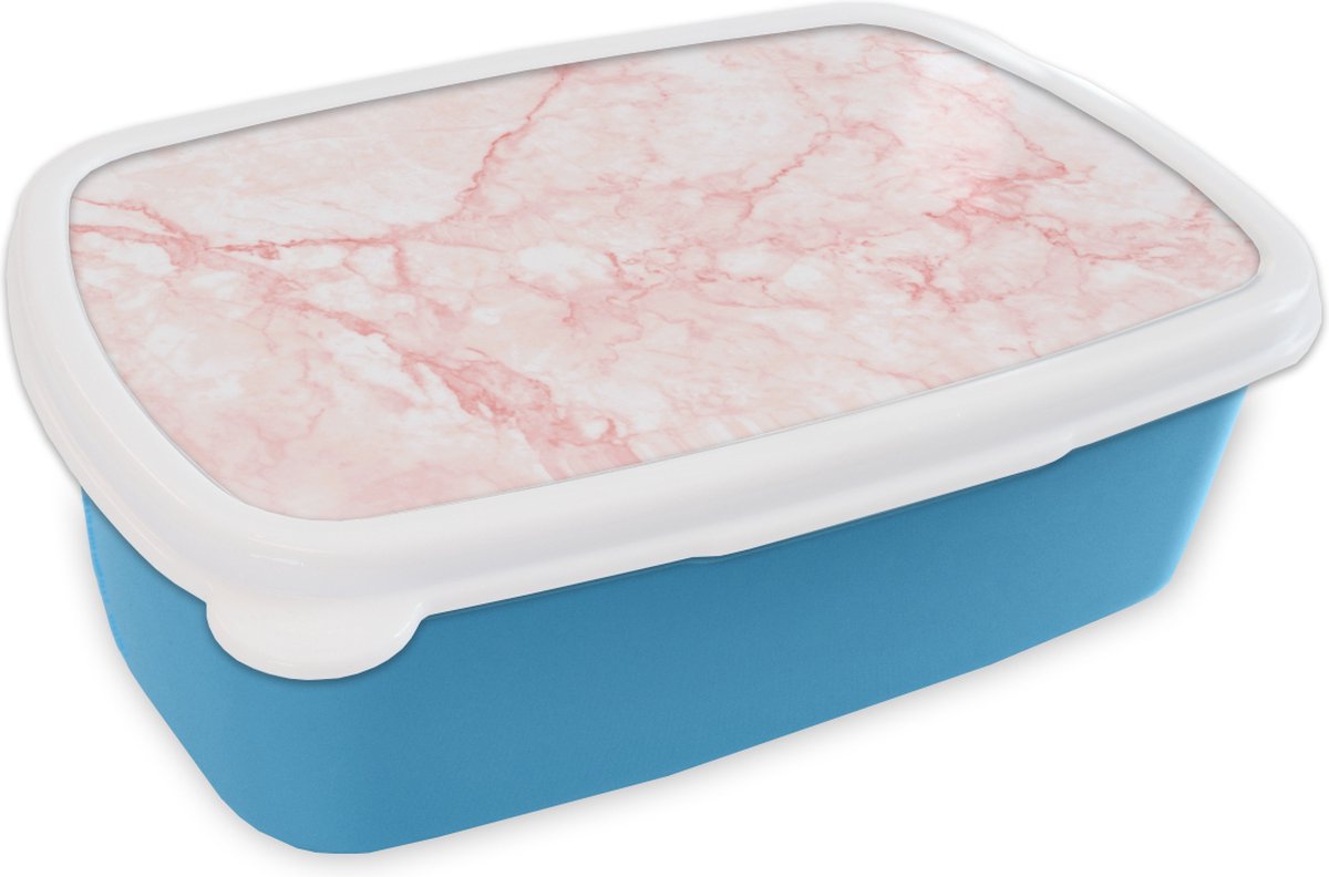 Broodtrommel Blauw - Lunchbox - Brooddoos - Marmer - Wit - Roze - Chic - 18x12x6 cm - Kinderen - Jongen