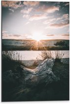 WallClassics - Dibond - Ondergaande Zon aan Duinen - 40x60 cm Foto op Aluminium (Wanddecoratie van metaal)