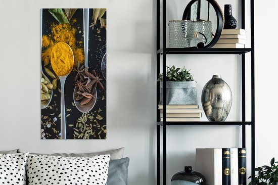 Canvas Schilderij Lepel - Specerijen - Kruiden - Eten - Tafel - 40x80 cm - Wanddecoratie