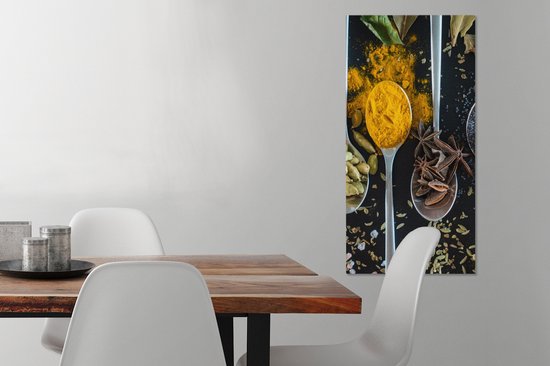 Canvas Schilderij Lepel - Specerijen - Kruiden - Eten - Tafel - 40x80 cm - Wanddecoratie