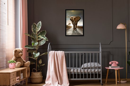 Cadre photo avec affiche - Éléphant - Route - Animaux - Coucher de soleil - Paysage - 40x60 cm - Cadre pour affiche