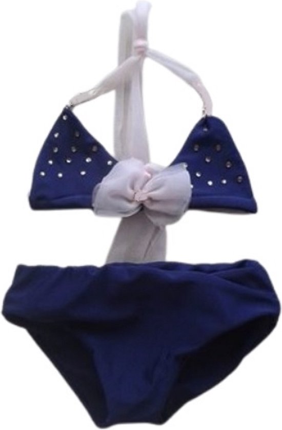 Maat 152 Bikini blauw Baby en kind donkerblauw zwemkleding roze strik