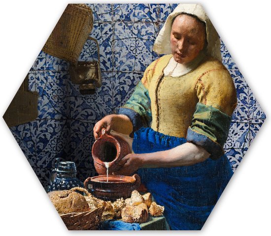 Hexagon wanddecoratie - Kunststof Wanddecoratie - Hexagon Schilderij - Melkmeisje - Delfts Blauw - Vermeer - Schilderij - Oude meesters - 37x32 cm