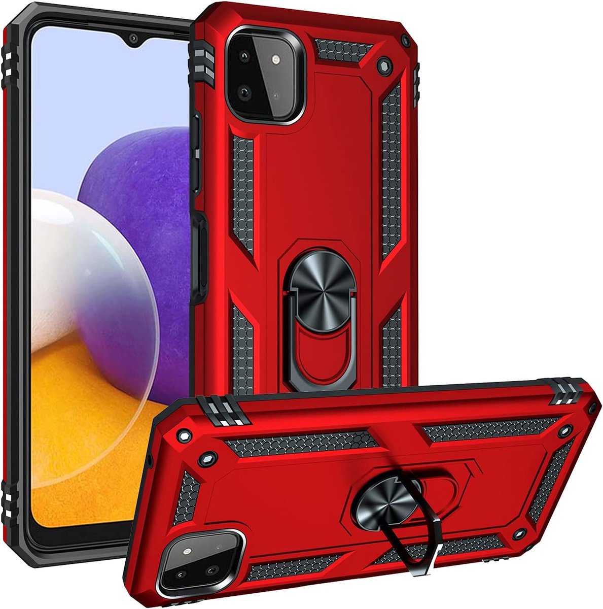 Anti-Shock Hybrid Ring Armor Hoesje Geschikt voor: Samsung Galaxy A22 5G - rood