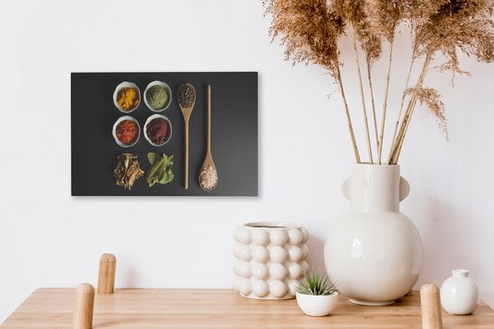 Toile Peinture Louche - Épices - Herbes - Vert - Marron - Rustique - 30x20 cm - Décoration murale