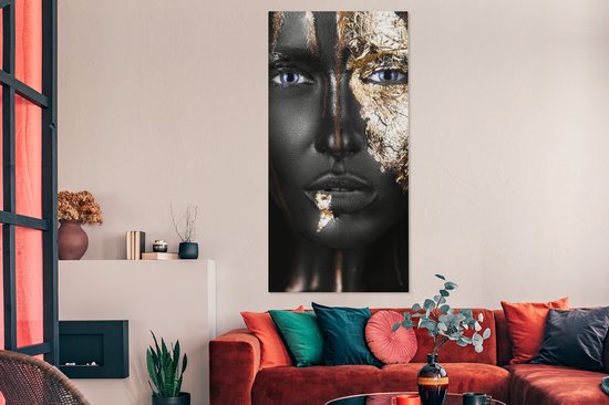 Toile Peinture Femme - Feuille d'Or - Zwart - Or - Luxe - 80x160 cm - Décoration murale