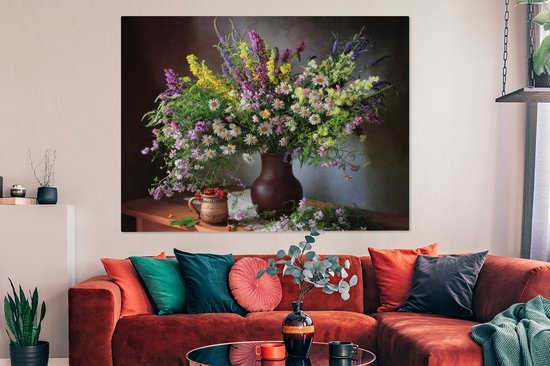 Toile Peinture Fleurs - Tableau - Nature Morte - Bouquet - Vase - 160x120 cm - Décoration murale XXL