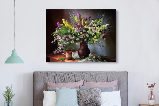 Toile Peinture Fleurs - Tableau - Nature Morte - Bouquet - Vase - 160x120 cm - Décoration murale XXL