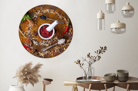 WallCircle - Cercle mural - Cercle mural d'intérieur - Mortier - Herbes - Cuillères - Épices - Marron - Poivre - 120x120 cm - Décoration murale - Peintures ronds XXL