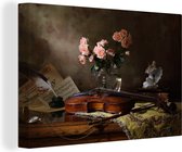 Canvas Schilderij Viool - Rozen - Roze - Bloemen - Stilleven - 120x80 cm - Wanddecoratie