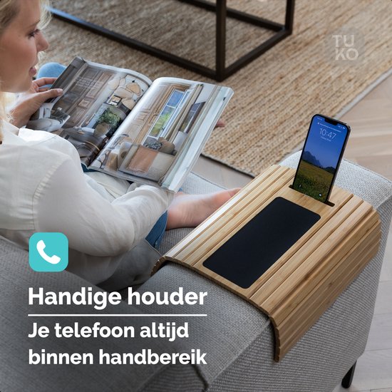Plateau d'accoudoir Tuko - Bamboe - Flexible - Antidérapant - Support de téléphone - Organiseur - Rectangle Dienbled - Plateau carré