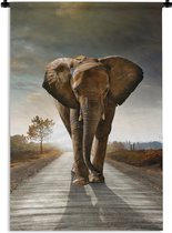 Wandkleed - Wanddoek - Olifant - Weg - Dieren - Zonsondergang - Landschap - 90x135 cm - Wandtapijt