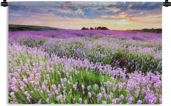 Wandkleed Lavendelvelden - Lavendel veld met een vurige hemel Wandkleed katoen 90x60 cm - Wandtapijt met foto