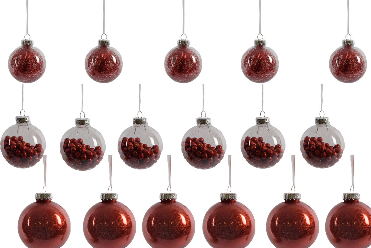 Doorzichtige kunststof kerstballen Rood met 50 kerstbalhaakjes | 8cm |18 stuks |