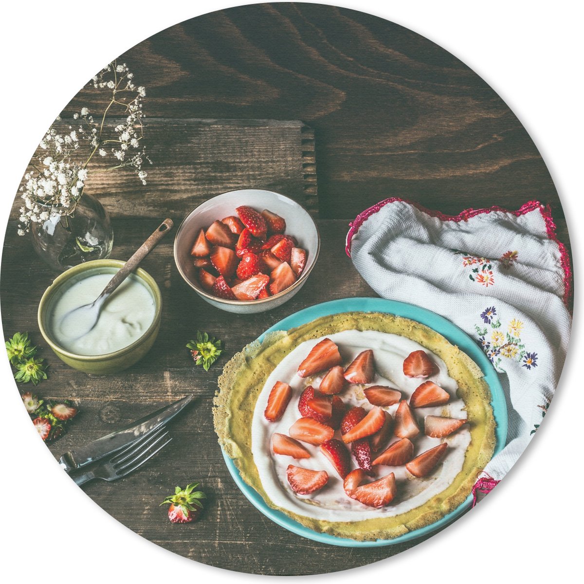 Muismat rond 20x20 cm - Mousepad Aardbei - Rustiek - Fruit - Rustiek Bloemen - Ronde muismatten