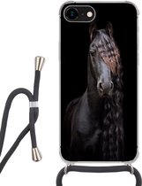 Hoesje met koord Geschikt voor iPhone 7 - Paarden - Fries - Manen - Zwart - Dieren - Siliconen - Crossbody - Backcover met Koord - Telefoonhoesje met koord - Hoesje met touw