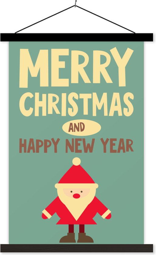 Posterhanger incl. Poster - Schoolplaat - Illustratie - Kerst - Kerstman - Quotes - Blauw - Vintage - 40x60 cm - Zwarte latten