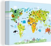 Wereldkaart Toile - 40x30 - Décoration murale Wereldkaart - Enfants - Animaux - Nature - Garçons - Filles