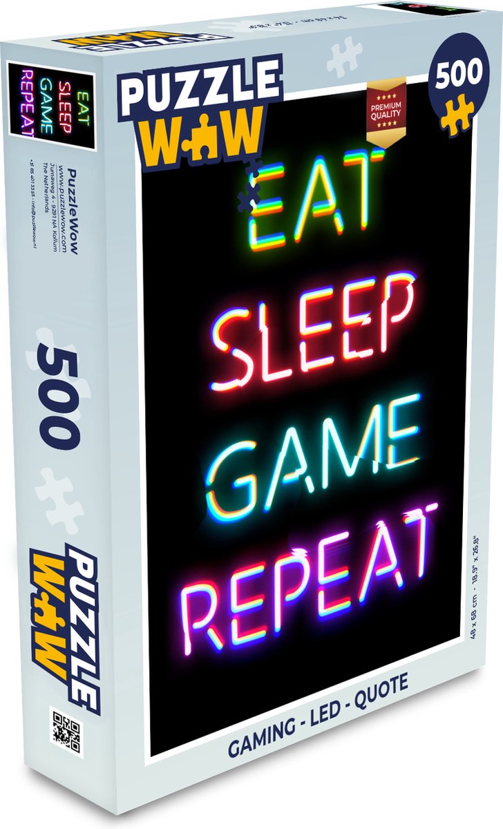 Puzzel Gaming - Led - Quote - Eat sleep game repeat - Gamen - Legpuzzel - Puzzel 500 stukjes
