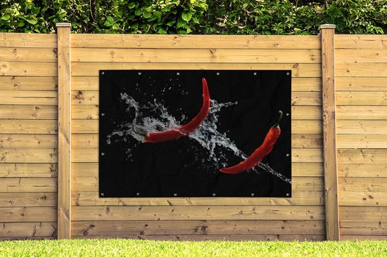 Décoration murale Piment - Nature morte - Water - Zwart - Rouge - 180x120 cm - Poster jardin - Toile jardin - Poster extérieur