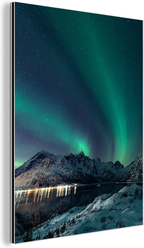 Décoration murale Métal - Peinture Aluminium Industriel - Aurores boréales - Berg - Neige - Vert - Ciel étoilé - Hiver - 60x80 cm - Dibond - Photo sur aluminium - Décoration murale industrielle - Pour le salon/chambre