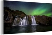 Wanddecoratie Metaal - Aluminium Schilderij Industrieel - Noorderlicht - Waterval - IJsland - Natuur - 160x80 cm - Dibond - Foto op aluminium - Industriële muurdecoratie - Voor de woonkamer/slaapkamer