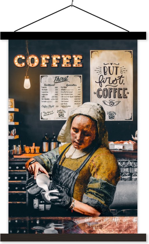 Posterhanger incl. Poster - Schoolplaat - Melkmeisje - Barista - Koffie - Vintage - Kunst - Abstract - Schilderij - Oude meesters - 40x60 cm - Zwarte latten