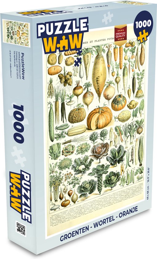 Boîte d'un puzzle de 1000 pièces PuzzleWow avec des illustrations vintage de légumes. Texte: GROENTEN - WORTEL - ORANJE.