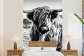 Behang - Fotobehang Schotse hooglander - Natuur - Koe - Zwart - Wit - Breedte 160 cm x hoogte 240 cm