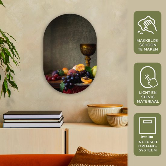Ovale mural - Ovale mural - Décoration murale en plastique - Tableau ovale - Rustique - Table - Fruit - Nature morte - Coupe - 40x60 cm - Forme miroir ovale sur plastique