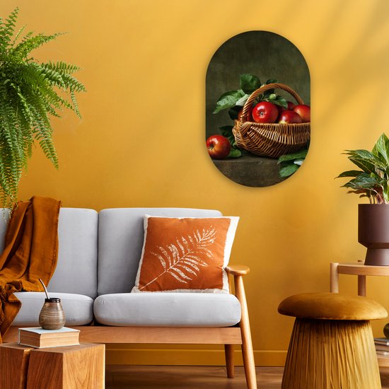 Ovale Mural - Ovale Mural - Décoration murale Plastique - Peinture Ovale - Rustique - Pomme - Fruit - Rouge - Panier - Nature Morte - 40x60 cm - Forme Miroir Ovale sur Plastique