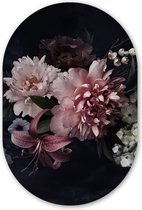 Muurovaal - Wandovaal - Kunststof Wanddecoratie - Ovalen Schilderij - Bloemen - Vintage - Pastel - Zwart - Boeket - 40x60 cm - Ovale spiegel vorm op kunststof