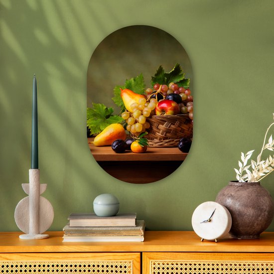 Ovale mural - Ovale mural - Décoration murale murale en plastique - Tableau ovale - Rustique - Corbeille - Fruits - Nature morte - 40x60 cm - Forme miroir ovale sur plastique