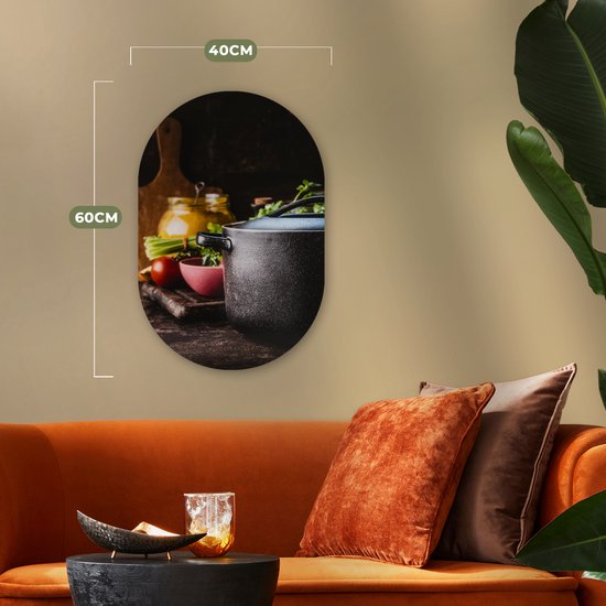 Ovale mural - Ovale mural - Décoration murale murale en plastique - Peinture ovale - Rustique - Nature morte - Pan - Légumes - 40x60 cm - Forme miroir ovale sur plastique