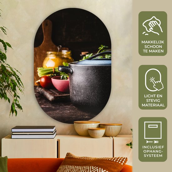 Ovale mural - Ovale mural - Décoration murale murale en plastique - Tableau ovale - Rustique - Nature morte - Pan - Légumes - 80x120 cm - Forme miroir ovale sur plastique